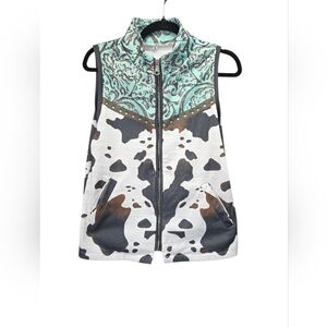 Coastal Cowgirl Cow Print Zip Vest Turquoise M Rodeo Westerncore Country Ranch